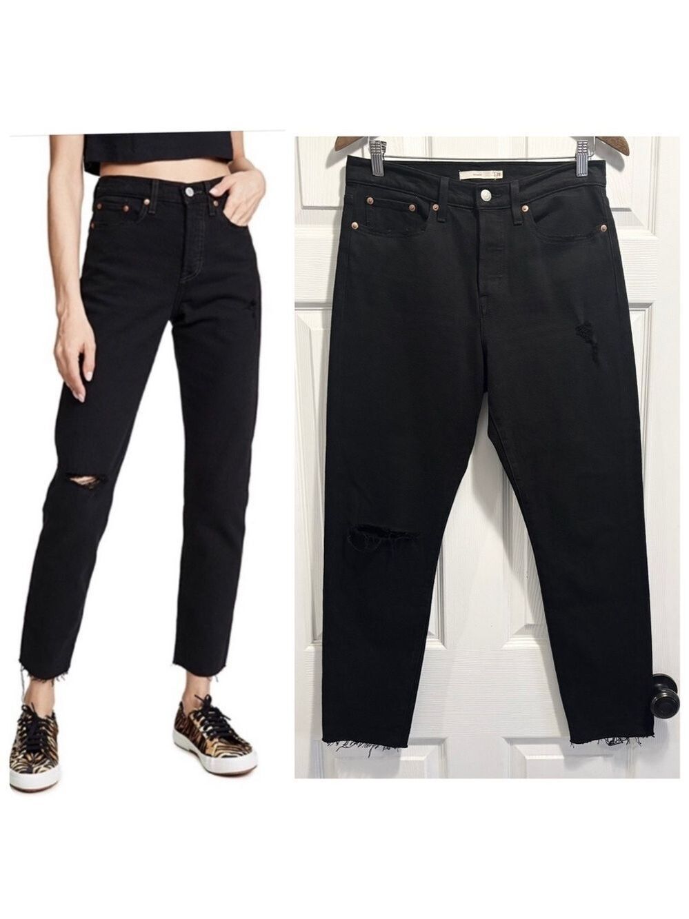 Levis Wedgie Jeans Black Distressed High Rise Frayed Raw Hem Size 28
